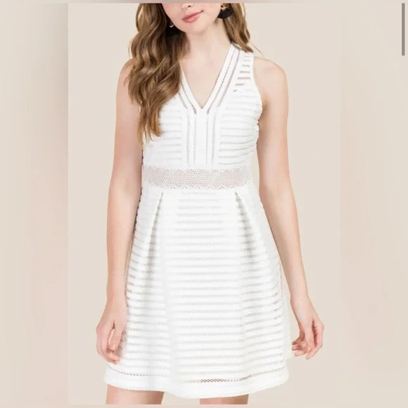 Francesca’s White Cami V-Neck Stripe Lace Illusion Waist Dress - Picture 2 of 11